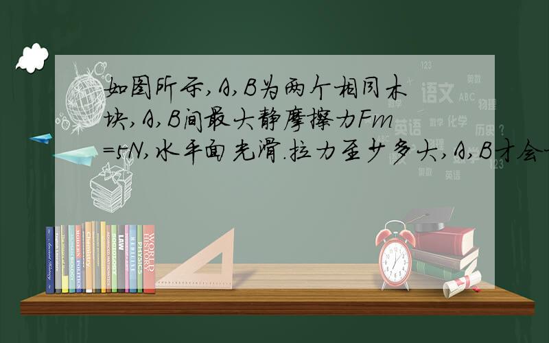 如图所示,A,B为两个相同木块,A,B间最大静摩擦力Fm=5N,水平面光滑.拉力至少多大,A,B才会相对滑动? 我知道解题思路了 帮我画个受力分析图好么?