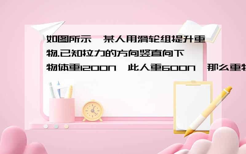 如图所示,某人用滑轮组提升重物.已知拉力的方向竖直向下,物体重1200N,此人重600N,那么重物被匀速提升