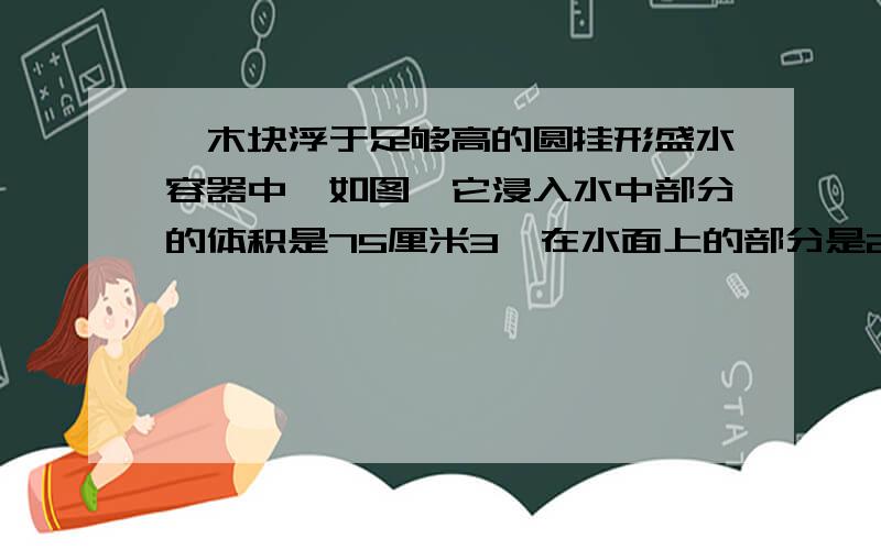 一木块浮于足够高的圆挂形盛水容器中,如图,它浸入水中部分的体积是75厘米3,在水面上的部分是25厘米3.求：(1)木块受到的浮力； (2)木块的密度