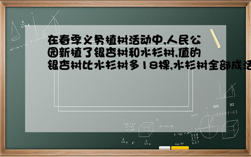 在春季义务植树活动中,人民公园新植了银杏树和水杉树,值的银杏树比水杉树多18棵,水杉树全部成活,银杏树的成活率只有95%,两种树共成活60棵,两种树各植了多少棵?急