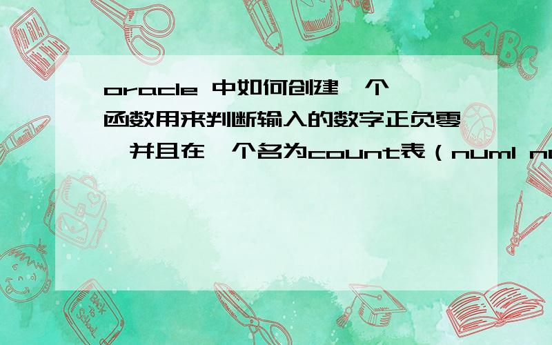 oracle 中如何创建一个函数用来判断输入的数字正负零,并且在一个名为count表（num1 number）中查出所有正我是想重写那个方法.