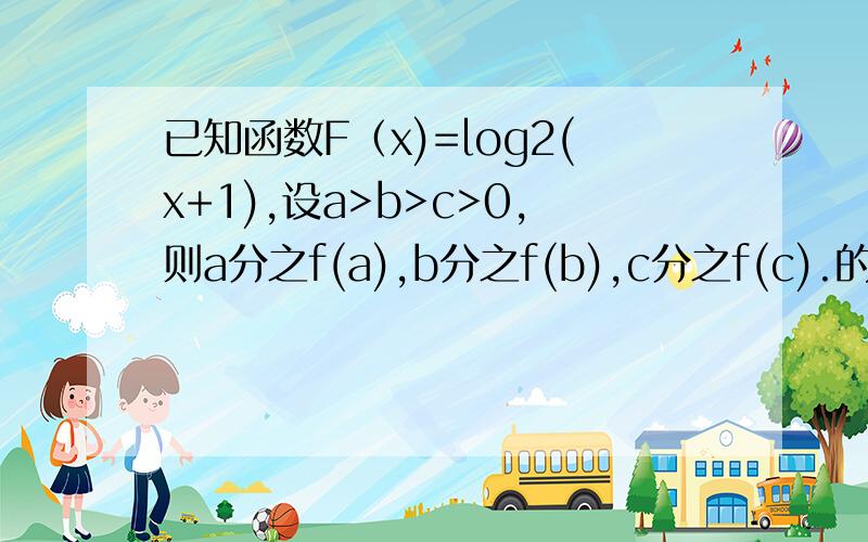 已知函数F（x)=log2(x+1),设a>b>c>0,则a分之f(a),b分之f(b),c分之f(c).的大小关系