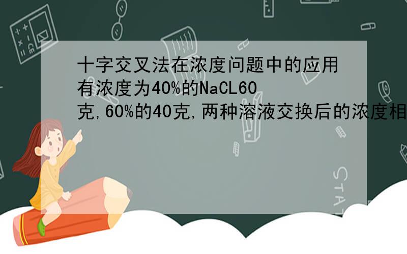 十字交叉法在浓度问题中的应用有浓度为40%的NaCL60克,60%的40克,两种溶液交换后的浓度相等,问交换多少克?用十字交叉法怎样做?