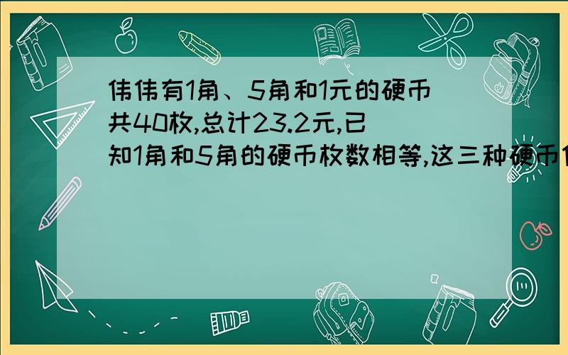 伟伟有1角、5角和1元的硬币共40枚,总计23.2元,已知1角和5角的硬币枚数相等,这三种硬币伟伟各有多少枚?