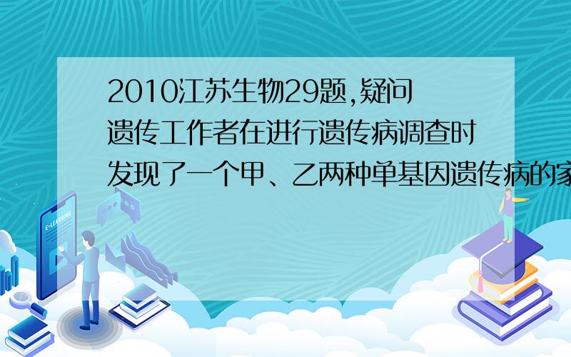 2010江苏生物29题,疑问遗传工作者在进行遗传病调查时发现了一个甲、乙两种单基因遗传病的家系,系谱 （1） 甲病的遗传方式是______.（2） 乙病的遗传方式不可能是_______.（3） 如果II-4、II-6