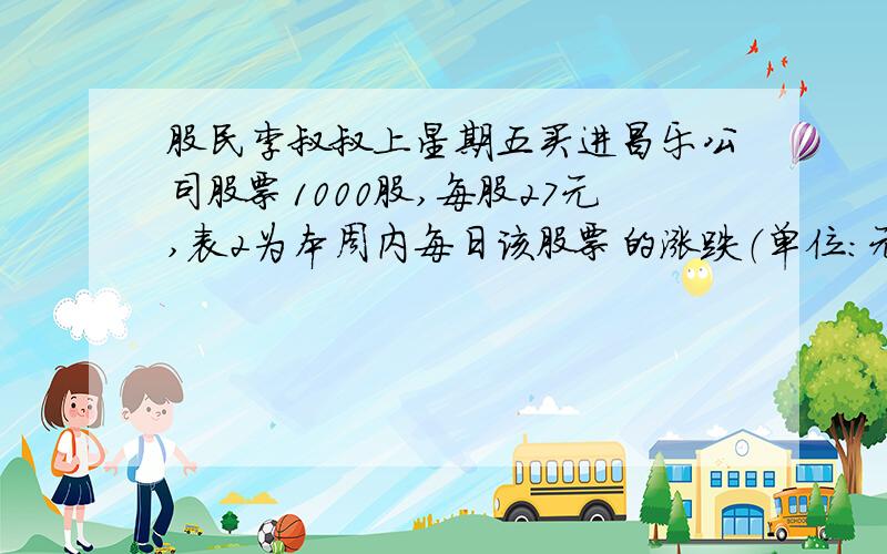 股民李叔叔上星期五买进昌乐公司股票1000股,每股27元,表2为本周内每日该股票的涨跌（单位：元）情况.星期一：+4 星期二：+4.5 星期三：-1 星期四：-2.5 星期五：-6（1）星期三收盘时,每股是