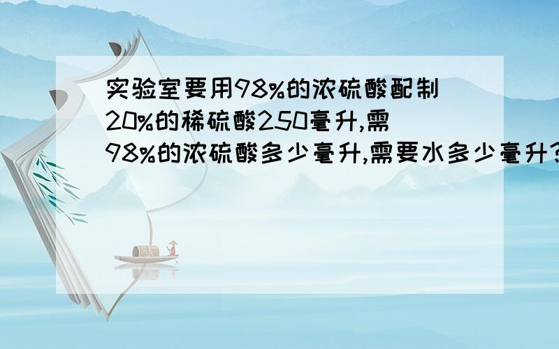 实验室要用98%的浓硫酸配制20%的稀硫酸250毫升,需98%的浓硫酸多少毫升,需要水多少毫升?