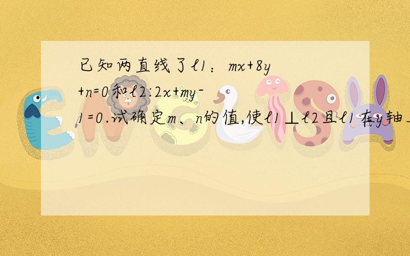 已知两直线了l1：mx+8y+n=0和l2:2x+my-1=0.试确定m、n的值,使l1⊥l2且l1在y轴上的截距为-1.