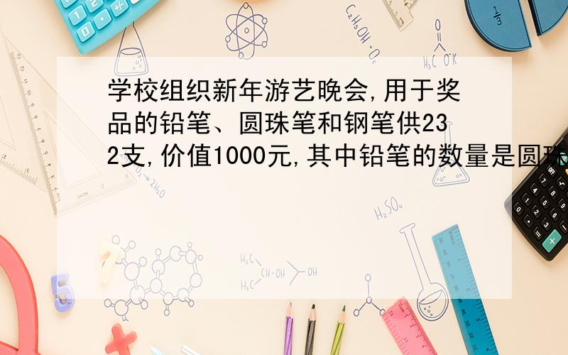 学校组织新年游艺晚会,用于奖品的铅笔、圆珠笔和钢笔供232支,价值1000元,其中铅笔的数量是圆珠笔的4倍.已知每只铅笔2元,每只圆珠笔9元,每只钢笔21元.问三种笔各有多少支?