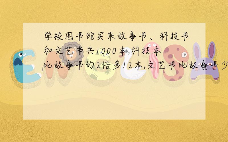 学校图书馆买来故事书、科技书和文艺书共1000本,科技本比故事书的2倍多12本,文艺书比故事书少20本三本各有?