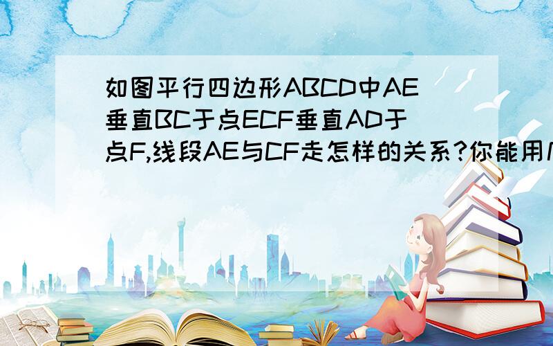 如图平行四边形ABCD中AE垂直BC于点ECF垂直AD于点F,线段AE与CF走怎样的关系?你能用几种方法证明