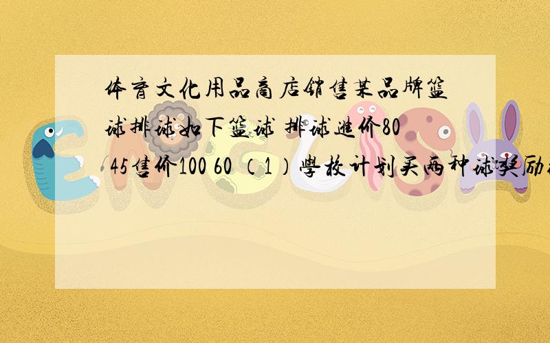 体育文化用品商店销售某品牌篮球排球如下篮球 排球进价80 45售价100 60 （1）学校计划买两种球奖励德育班级10个（2个每班）要求资金不少于1500.不多于1800.有几种方案?（2）在1的条件下,为促