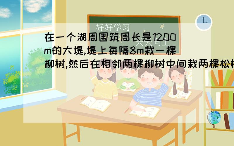 在一个湖周围筑周长是1200m的大堤,堤上每隔8m栽一棵柳树,然后在相邻两棵柳树中间栽两棵松树.大堤上栽柳树和松树各多少棵?