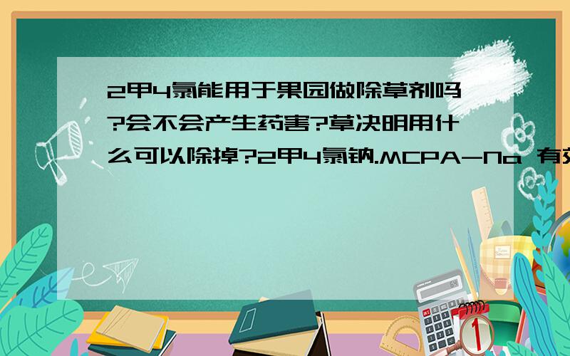 2甲4氯能用于果园做除草剂吗?会不会产生药害?草决明用什么可以除掉?2甲4氯钠.MCPA-Na 有效成分含量：56% 可溶性粉剂.