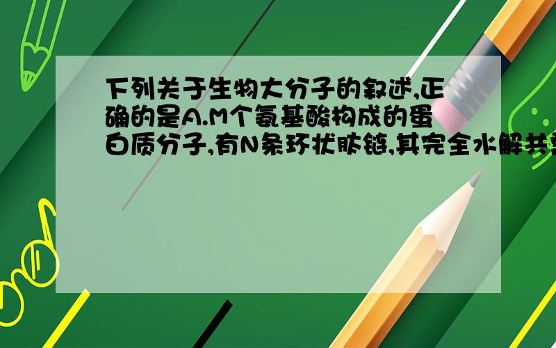 下列关于生物大分子的叙述,正确的是A.M个氨基酸构成的蛋白质分子,有N条环状肽链,其完全水解共需M-N个水分子 B.在小麦细胞中由A、G、T、C四种碱基参与构成的核苷酸最多有6种 C.糖原、脂肪