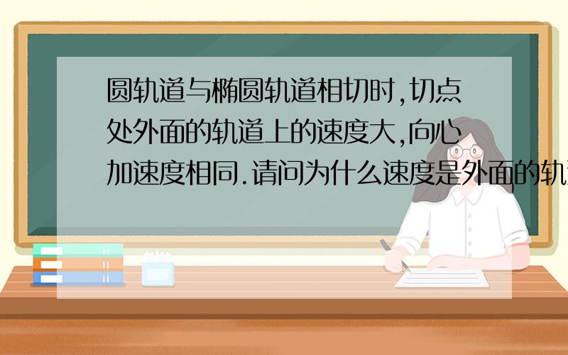 圆轨道与椭圆轨道相切时,切点处外面的轨道上的速度大,向心加速度相同.请问为什么速度是外面的轨道大,轨道半径越大不是速度越小吗?请问为什么向心加速度相同?椭圆轨道的万有引力又不