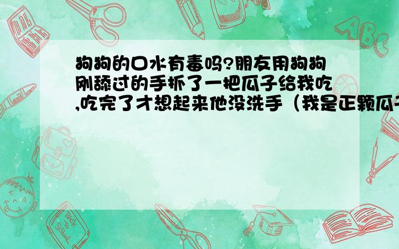 狗狗的口水有毒吗?朋友用狗狗刚舔过的手抓了一把瓜子给我吃,吃完了才想起来他没洗手（我是正颗瓜子放嘴里吃的）刚好有点口腔溃疡.狗也打过疫苗的主要问题我有口腔溃疡,才有点担心!