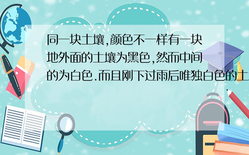 同一块土壤,颜色不一样有一块地外面的土壤为黑色,然而中间的为白色.而且刚下过雨后唯独白色的土壤干的比其他旁边的都快.什么东西造成这种情况的？