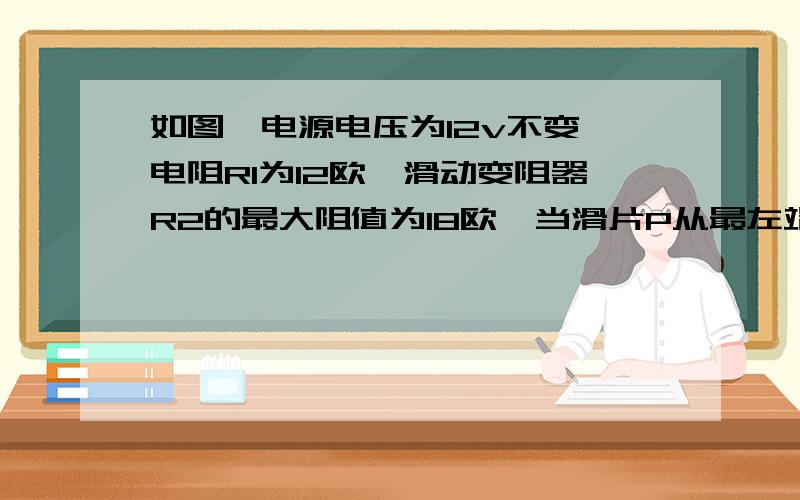 如图,电源电压为12v不变,电阻R1为12欧,滑动变阻器R2的最大阻值为18欧,当滑片P从最左端移到最右边时,电压表示数变化为