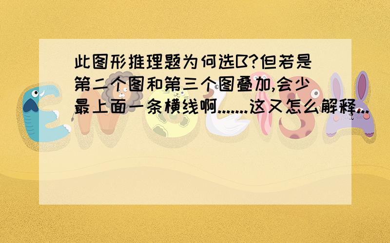 此图形推理题为何选B?但若是第二个图和第三个图叠加,会少最上面一条横线啊.......这又怎么解释...