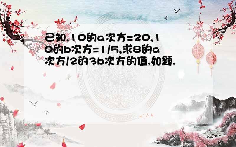 已知,10的a次方=20,10的b次方=1/5,求8的a次方/2的3b次方的值.如题.