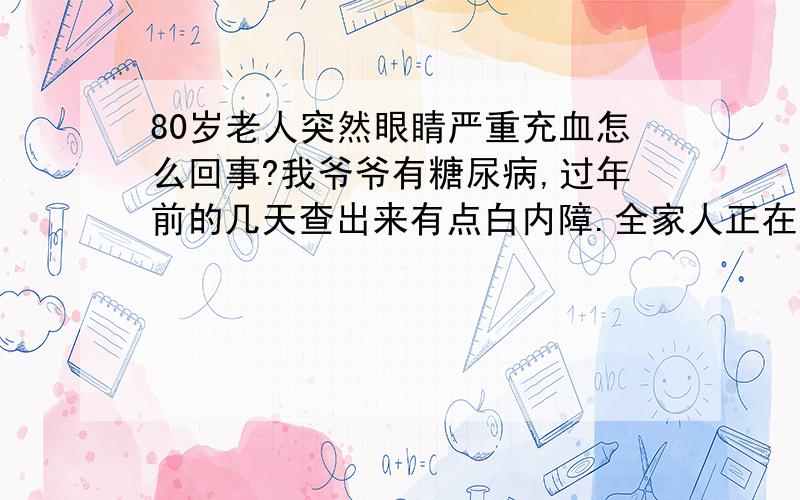 80岁老人突然眼睛严重充血怎么回事?我爷爷有糖尿病,过年前的几天查出来有点白内障.全家人正在商讨到底做不做手术.昨天下午我偶然发现爷爷的做眼睛白眼仁严重充血,整个白眼仁都充满血