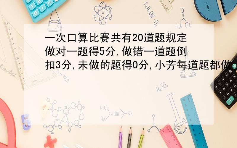 一次口算比赛共有20道题规定做对一题得5分,做错一道题倒扣3分,未做的题得0分,小芳每道题都做了,但只得了76分,她做错了几道题?就这一道题了