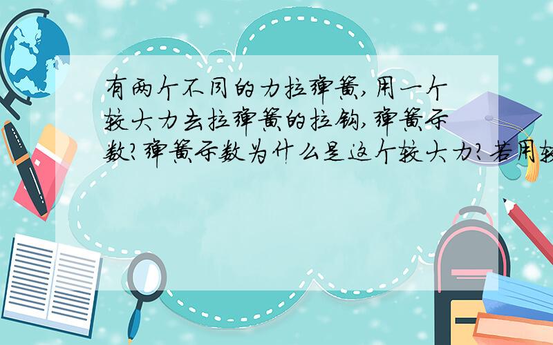 有两个不同的力拉弹簧,用一个较大力去拉弹簧的拉钩,弹簧示数?弹簧示数为什么是这个较大力?若用较小力去拉拉钩,示数是不是介于两者之间?是双手一个拉拉钩，一个拉另外一端，朝相反方