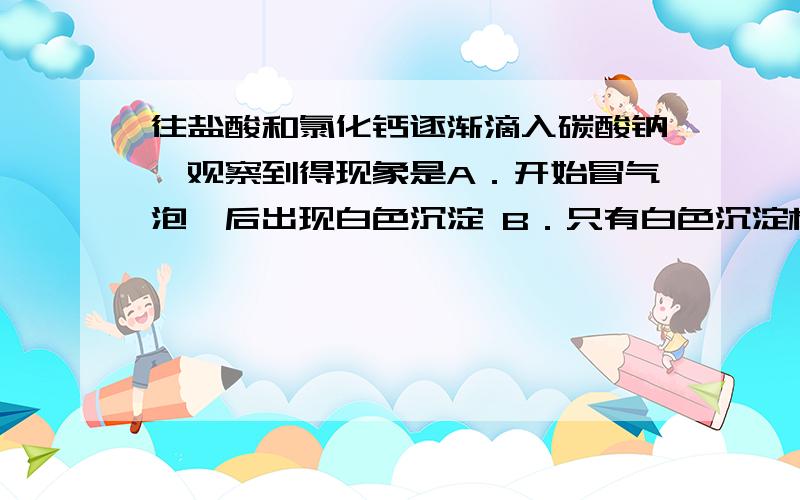 往盐酸和氯化钙逐渐滴入碳酸钠,观察到得现象是A．开始冒气泡,后出现白色沉淀 B．只有白色沉淀析出 C．只有大量的汽泡冒出 D．开始出现白色沉淀,后冒出大量气泡我还是很不明白各中的道