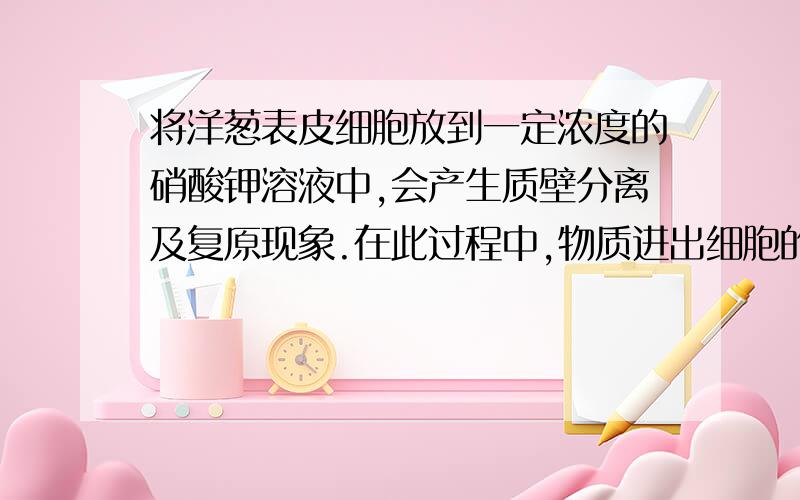 将洋葱表皮细胞放到一定浓度的硝酸钾溶液中,会产生质壁分离及复原现象.在此过程中,物质进出细胞的方式...将洋葱表皮细胞放到一定浓度的硝酸钾溶液中,会产生质壁分离及复原现象.在此