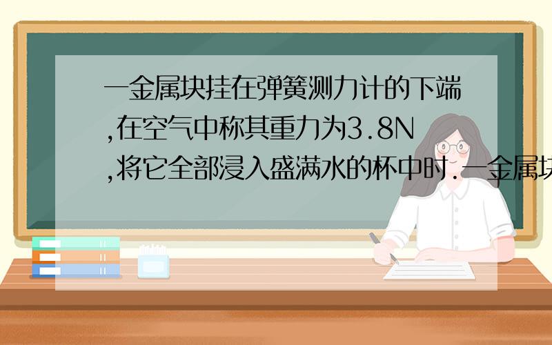 一金属块挂在弹簧测力计的下端,在空气中称其重力为3.8N,将它全部浸入盛满水的杯中时.一金属块挂在弹簧测力计的下端,在空气中称其重力为3.8N,将它全部浸入盛满水的杯中时,有50立方厘米水