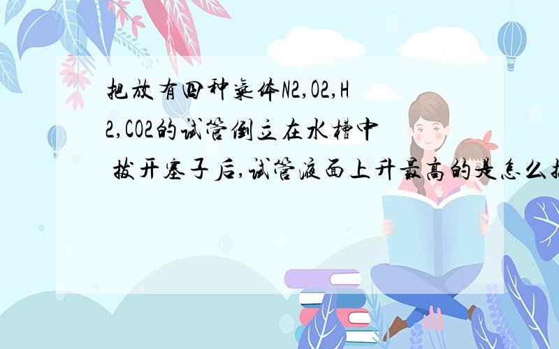 把放有四种气体N2,O2,H2,CO2的试管倒立在水槽中 拔开塞子后,试管液面上升最高的是怎么搞的答案不一样 说下理由