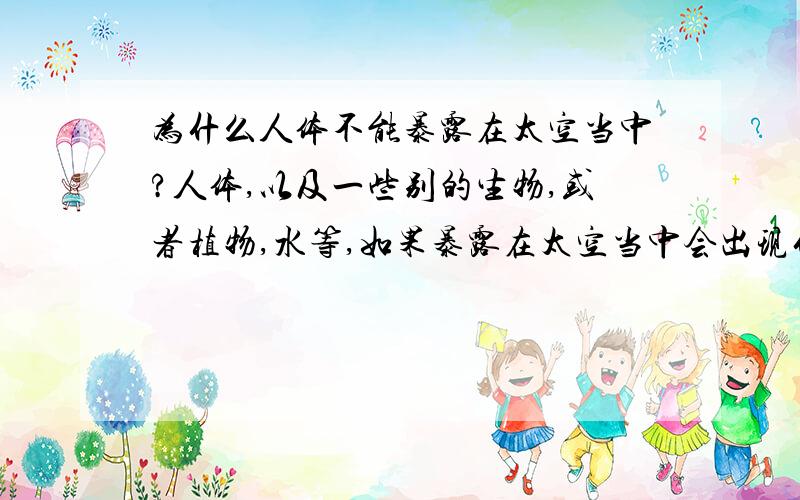 为什么人体不能暴露在太空当中?人体,以及一些别的生物,或者植物,水等,如果暴露在太空当中会出现什么样的现象呢?