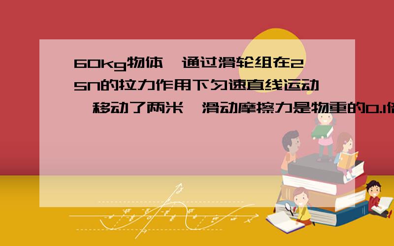 60kg物体,通过滑轮组在25N的拉力作用下匀速直线运动,移动了两米,滑动摩擦力是物重的0.1倍（g取10N/kg）1)拉力做的总功为多少?2)做的有用功为多少?3）额外功为多少?4)滑轮组的机械效率为多少?