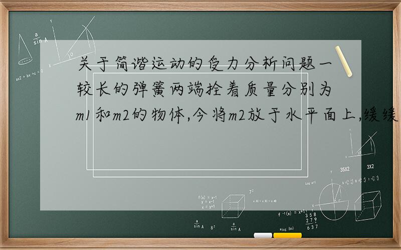 关于简谐运动的受力分析问题一较长的弹簧两端拴着质量分别为m1和m2的物体,今将m2放于水平面上,缓缓向下加力将m1往下压,如图,m1到最低点时所施压力大小为F．若要求撤去F后m1跳起将m2拉得