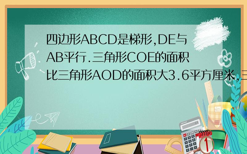 四边形ABCD是梯形,DE与AB平行.三角形COE的面积比三角形AOD的面积大3.6平方厘米,三角形ABC的面积是平行四边形ABED的1.2倍求梯形ABCD的面积