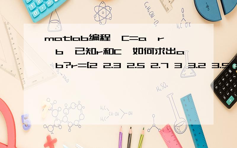 matlab编程,C=a*r^b,已知r和C,如何求出a、b?r=[2 2.3 2.5 2.7 3 3.2 3.5 3.8 4] C=[72 150 195 280 380 510 735 980 1250]