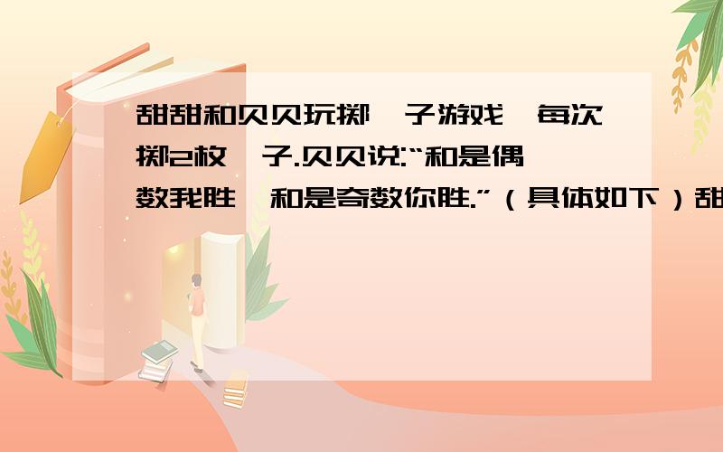 甜甜和贝贝玩掷骰子游戏,每次掷2枚骰子.贝贝说:“和是偶数我胜,和是奇数你胜.”（具体如下）甜甜和贝贝玩掷骰子游戏,每次掷2枚骰子.贝贝说:“和是偶数我胜,和是奇数你胜.”甜甜却说：