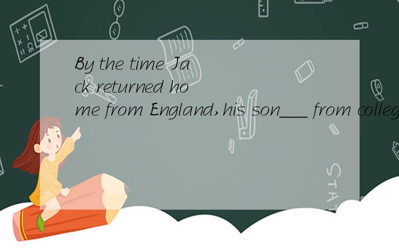 By the time Jack returned home from England,his son___ from college.A.graduated B.has graduated C.had been graduating D.had graduated