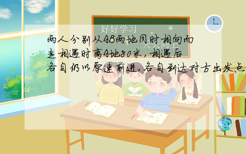 两人分别从AB两地同时相向而走相遇时离A地80米,相遇后各自仍以原速前进,各自到达对方出发点后都立即返回结果又在离A地60米处相遇.求AB全程?大体讲讲~