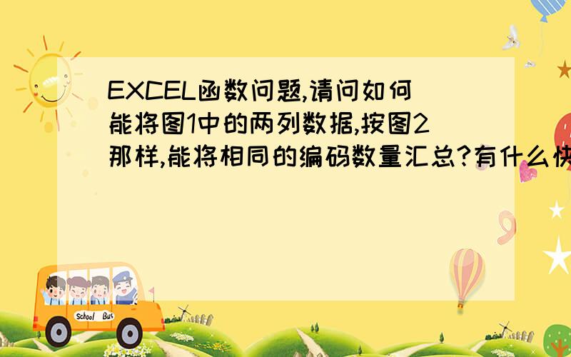 EXCEL函数问题,请问如何能将图1中的两列数据,按图2那样,能将相同的编码数量汇总?有什么快捷公式吗?如图二楼的,请问具体的怎么操作?