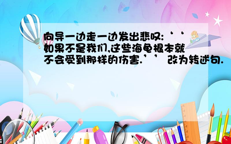 向导一边走一边发出悲叹:‘‘如果不是我们,这些海龟根本就不会受到那样的伤害.’’ 改为转述句.