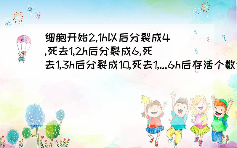 细胞开始2,1h以后分裂成4,死去1,2h后分裂成6,死去1,3h后分裂成10,死去1,...6h后存活个数请写出为什么,