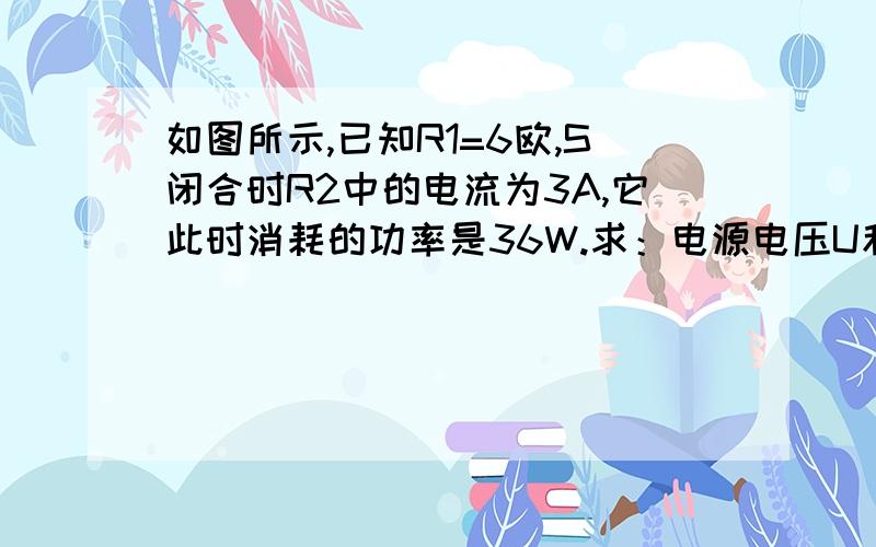 如图所示,已知R1=6欧,S闭合时R2中的电流为3A,它此时消耗的功率是36W.求：电源电压U和电阻R1的功率各为多少?R1，R2并联