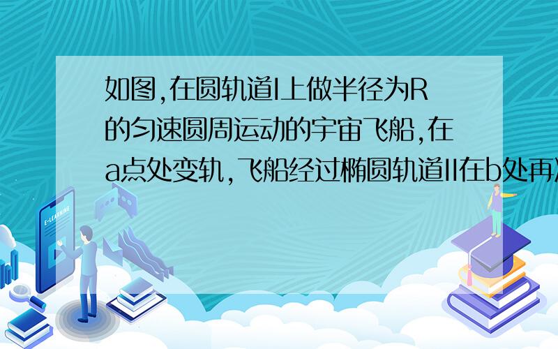 如图,在圆轨道I上做半径为R的匀速圆周运动的宇宙飞船,在a点处变轨,飞船经过椭圆轨道II在b处再次