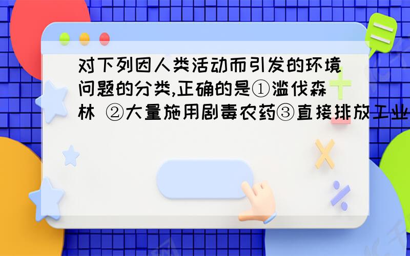 对下列因人类活动而引发的环境问题的分类,正确的是①滥伐森林 ②大量施用剧毒农药③直接排放工业“三废” ④大量燃煤和使用消耗臭氧物质⑤核泄漏 ⑥过度捕猎濒临灭绝动物A．①②⑥