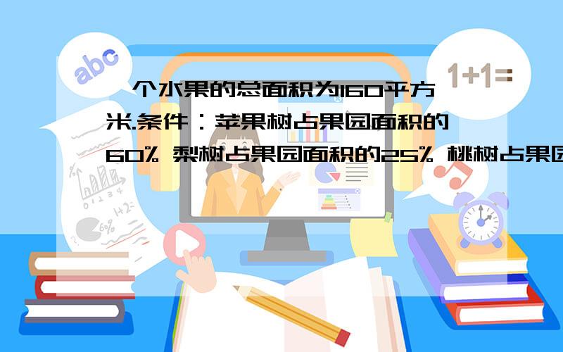 一个水果的总面积为160平方米.条件：苹果树占果园面积的60% 梨树占果园面积的25% 桃树占果园面积的15%种苹果树的面积比种梨树的面积多（ ）%【把过程写清楚】