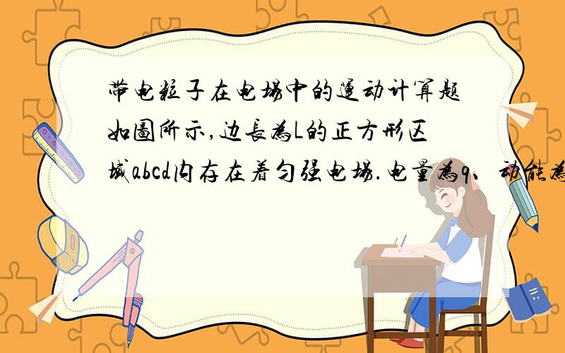 带电粒子在电场中的运动计算题如图所示,边长为L的正方形区域abcd内存在着匀强电场.电量为q、动能为Ek的带电粒子从a点沿ab方向进入电场,不计重力.若粒子离开电场时动能为Ek’,则电场强度