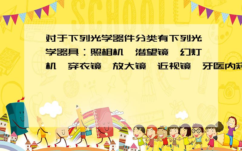 对于下列光学器件分类有下列光学器具：照相机、潜望镜、幻灯机、穿衣镜、放大镜、近视镜、牙医内窥镜．汽车观后镜,远视镜 可以把它们分成两类：一类包括 其特征为二类包括 其特征为