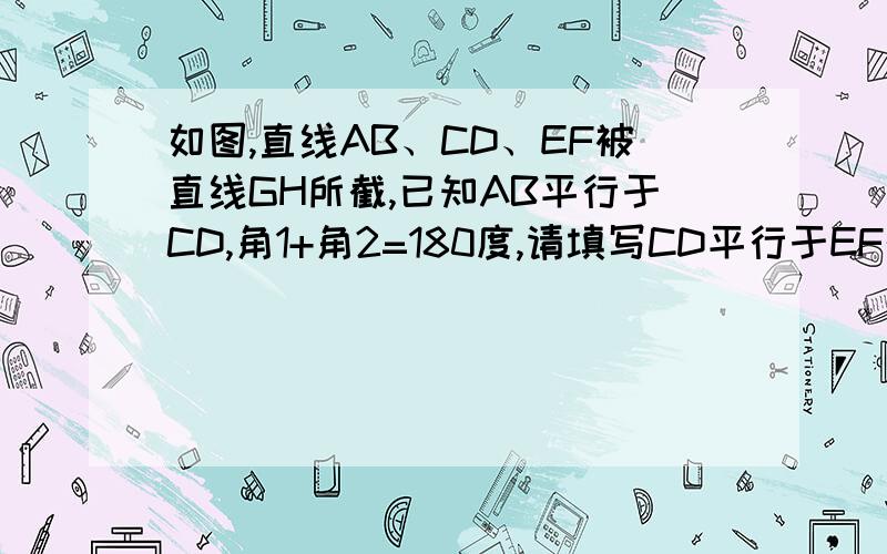 如图,直线AB、CD、EF被直线GH所截,已知AB平行于CD,角1+角2=180度,请填写CD平行于EF的理由